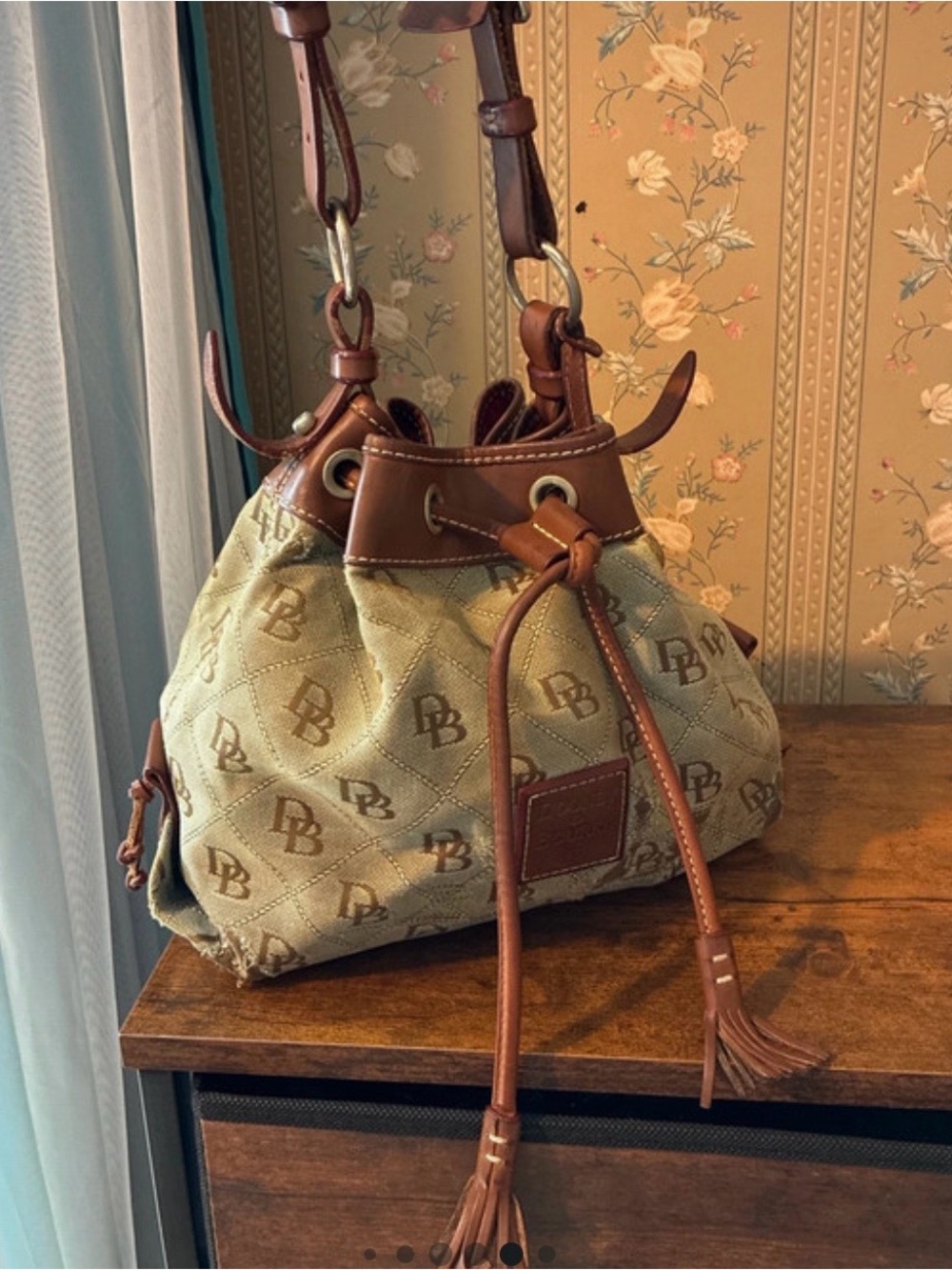 Dooney & Bourke Tan Quilted Monogram Drawstring Shoulder Bag with Brown Trim